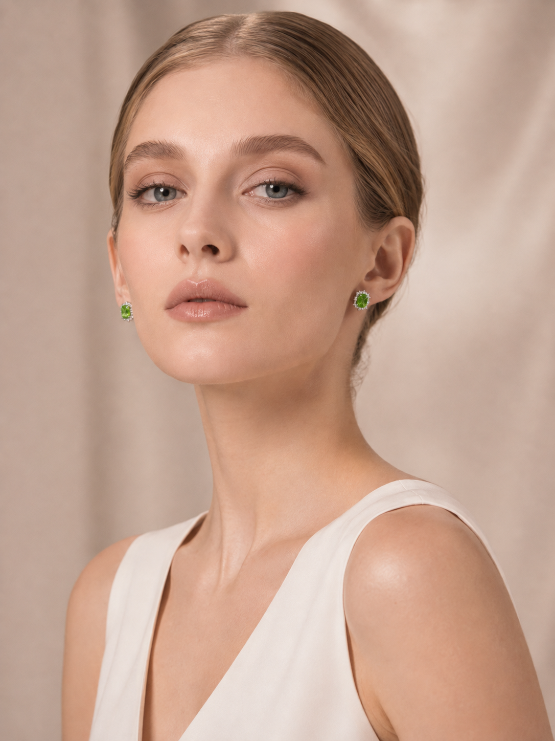 Oval Natural Peridot Halo S925 Sterling Silver Stud Earrings