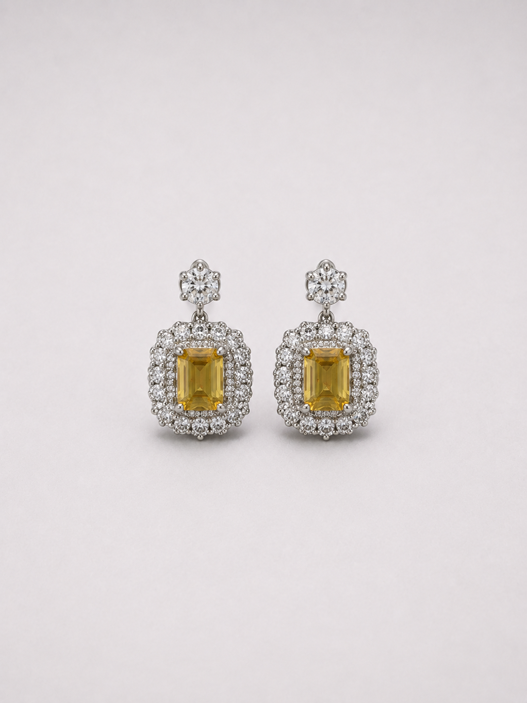 Emerald Cut Citrine Double Halo S925 Sterling Silver Drop Earrings