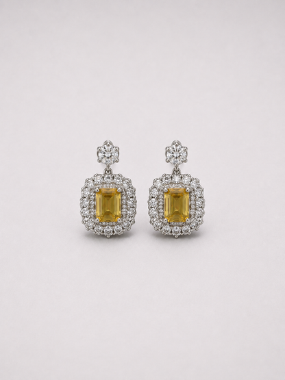 Emerald Cut Citrine Double Halo S925 Sterling Silver Drop Earrings