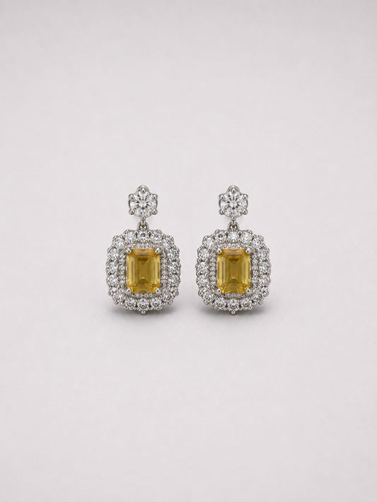 Emerald Cut Citrine Double Halo S925 Sterling Silver Drop Earrings