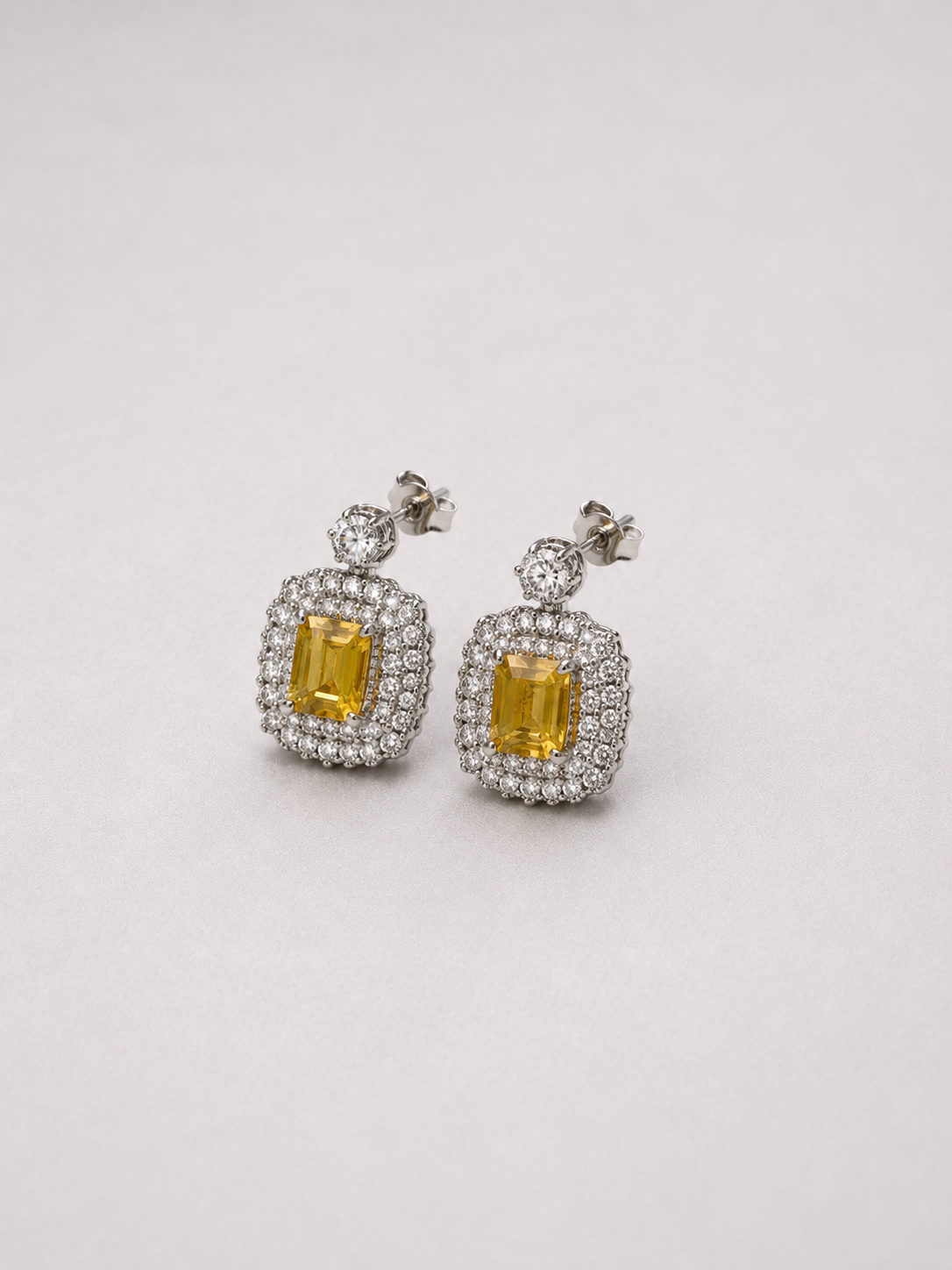 Emerald Cut Citrine Double Halo S925 Sterling Silver Drop Earrings