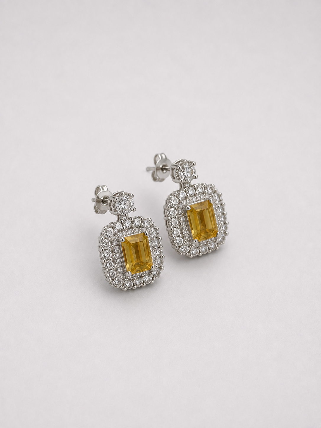 Emerald Cut Citrine Double Halo S925 Sterling Silver Drop Earrings