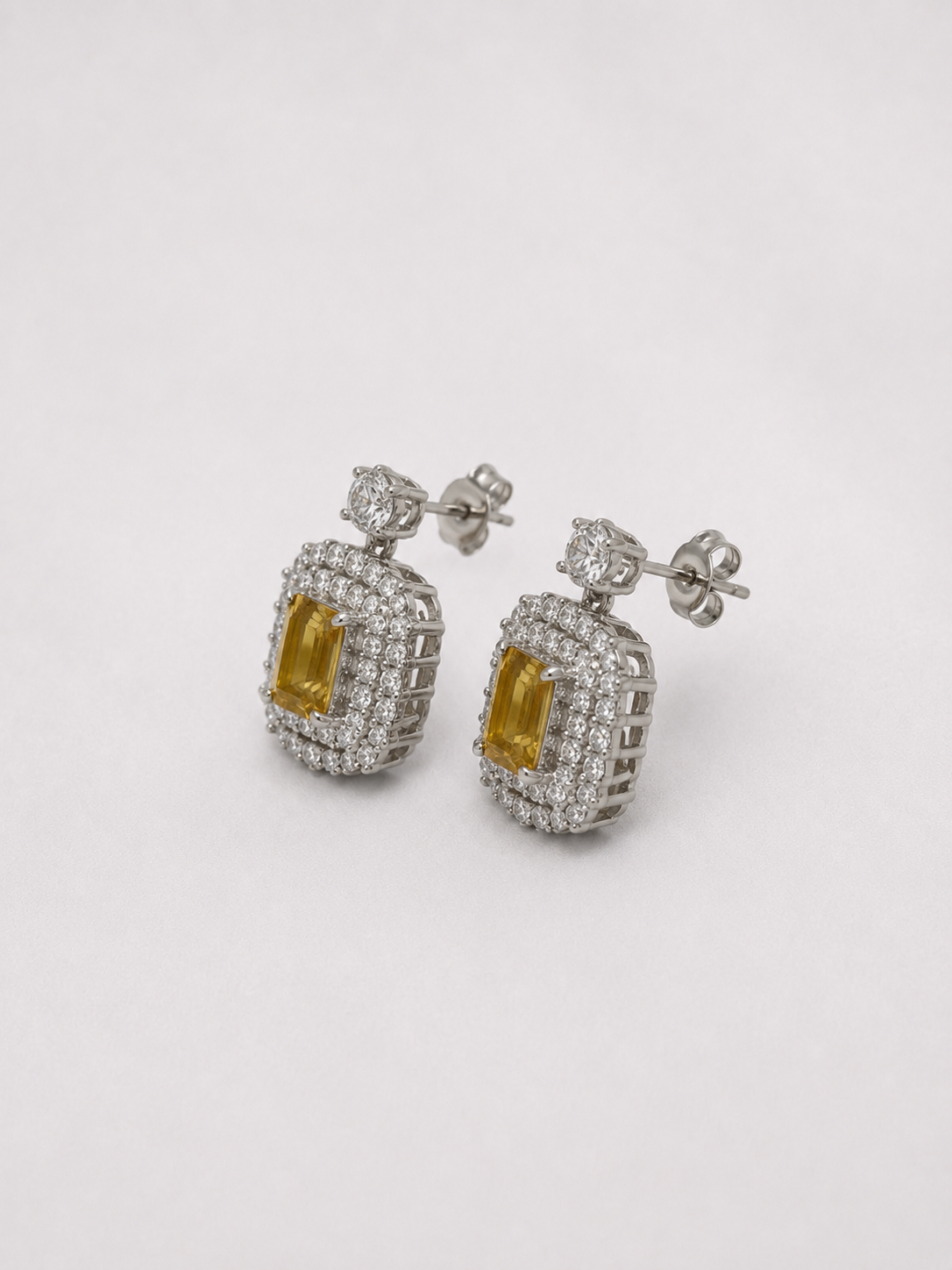 Emerald Cut Citrine Double Halo S925 Sterling Silver Drop Earrings