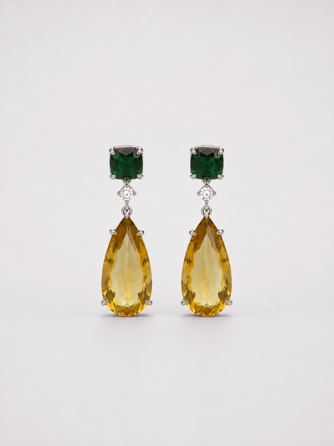 Pear Shape Citrine & Emerald S925 Sterling Silver Drop Earrings