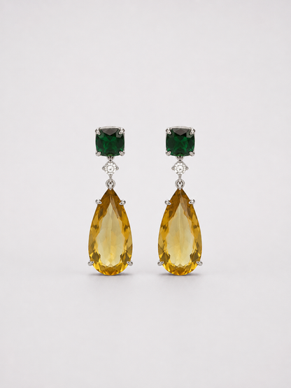 Pear Shape Citrine & Emerald S925 Sterling Silver Drop Earrings