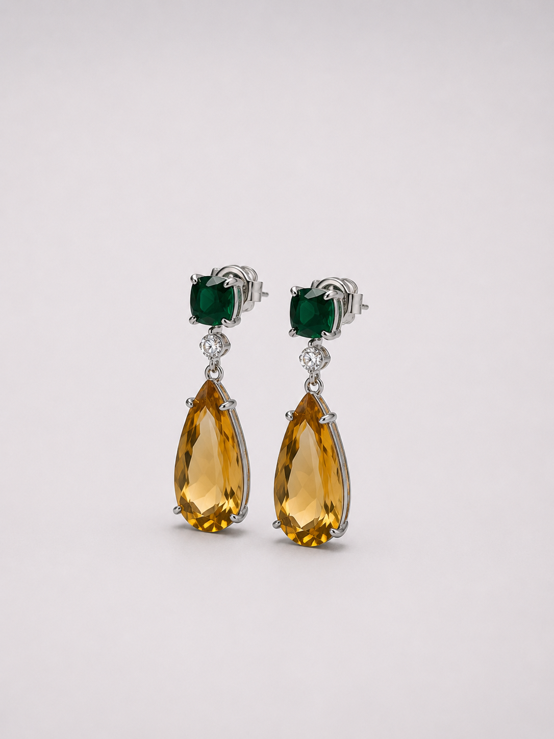 Pear Shape Citrine & Emerald S925 Sterling Silver Drop Earrings