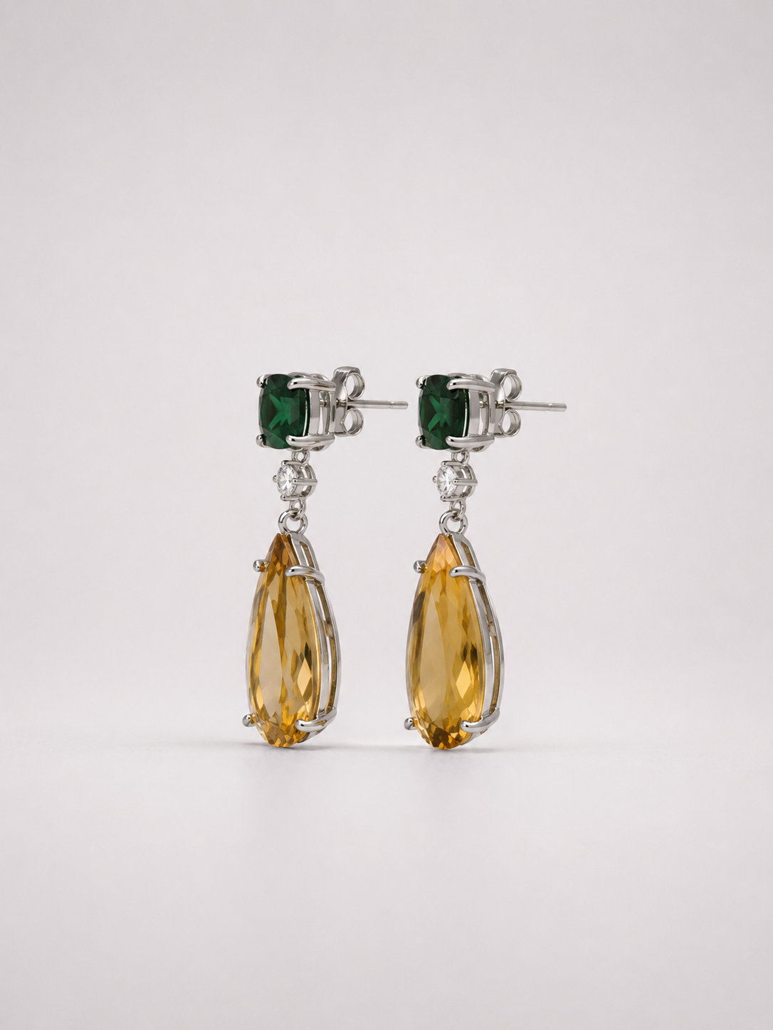 Pear Shape Citrine & Emerald S925 Sterling Silver Drop Earrings