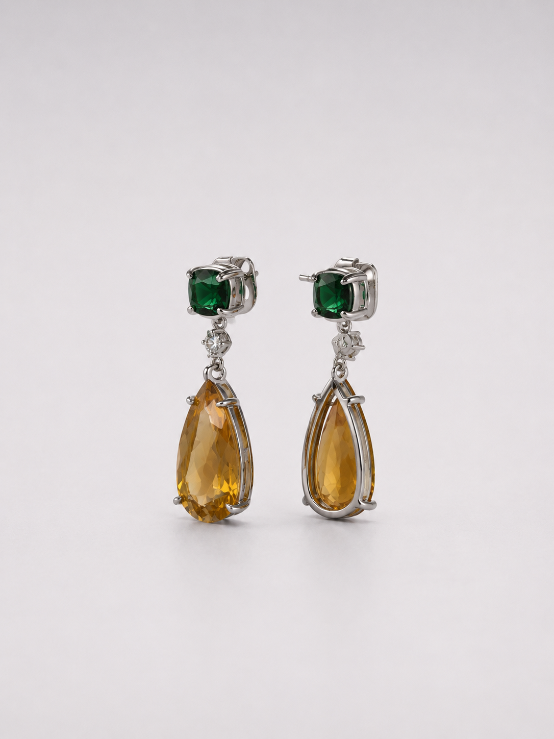 Pear Shape Citrine & Emerald S925 Sterling Silver Drop Earrings