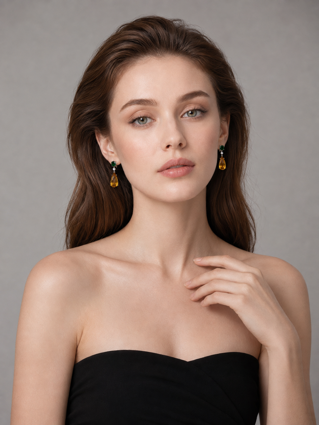 Pear Shape Citrine & Emerald S925 Sterling Silver Drop Earrings