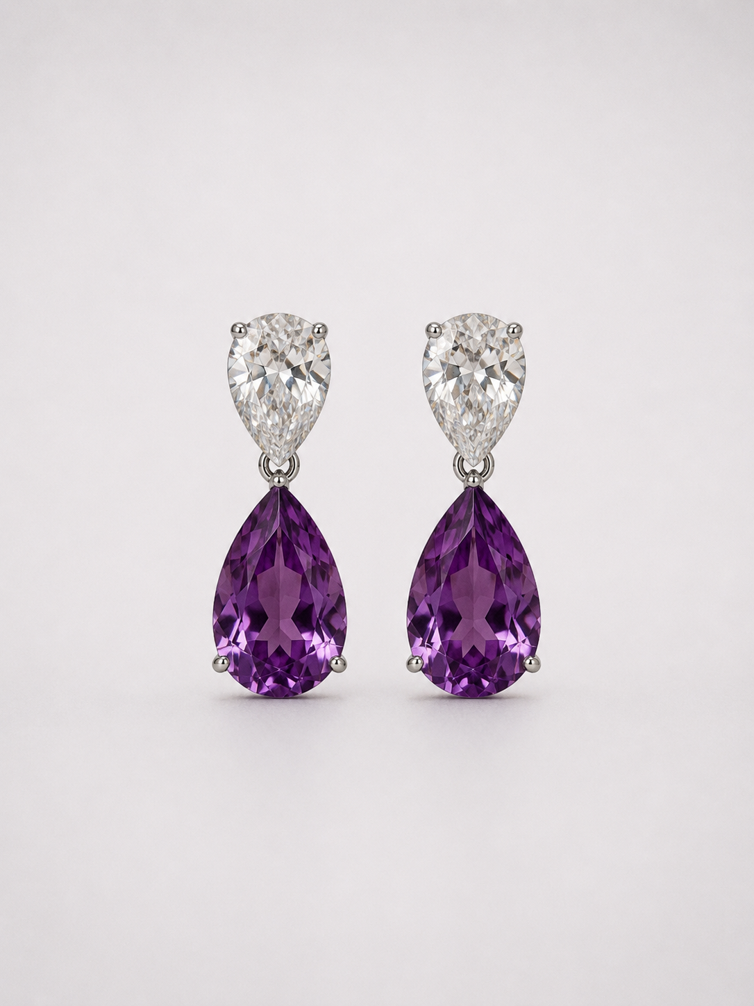 Double Pear Amethyst S925 Sterling Silver Drop Earrings