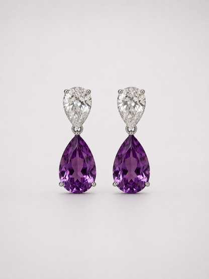 Double Pear Amethyst S925 Sterling Silver Drop Earrings