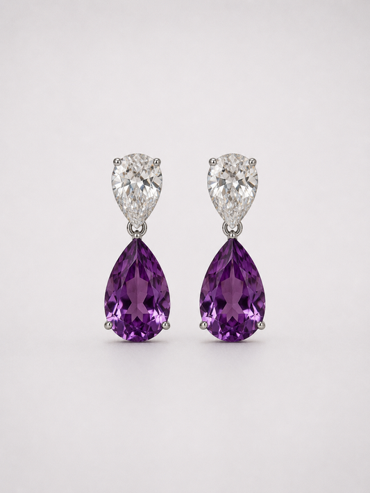 Double Pear Amethyst S925 Sterling Silver Drop Earrings