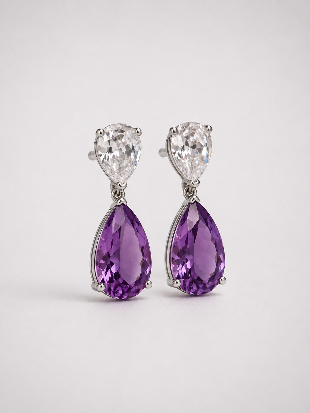 Double Pear Amethyst S925 Sterling Silver Drop Earrings