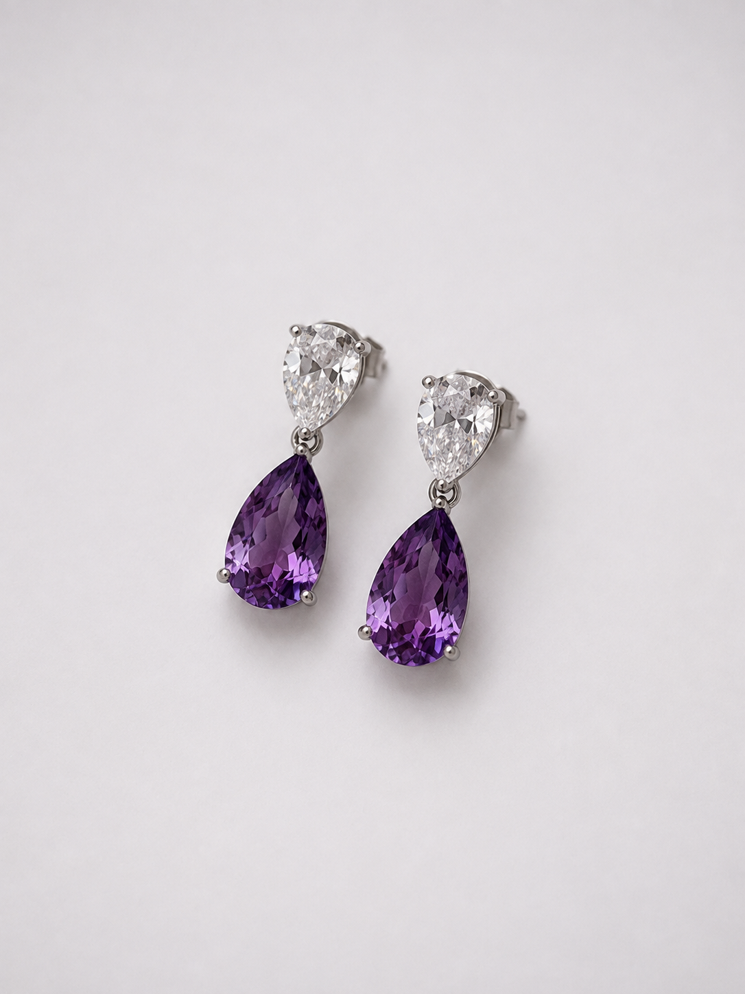 Double Pear Amethyst S925 Sterling Silver Drop Earrings