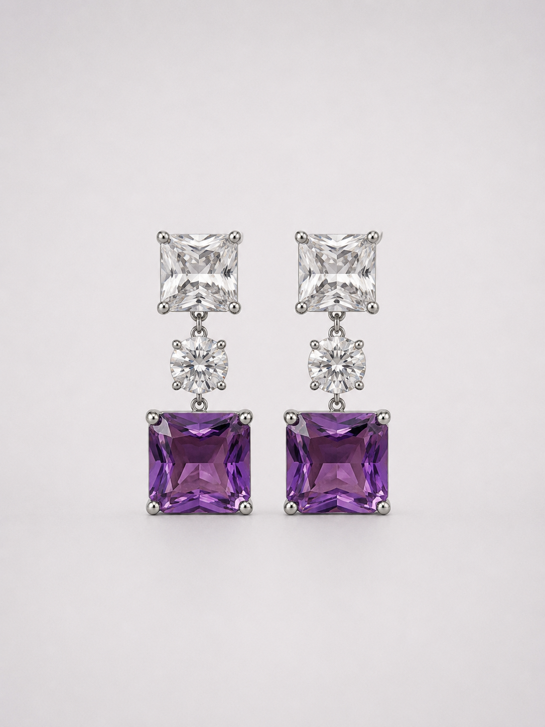 Square Natural Amethyst Tiered S925 Sterling Silver Drop Earrings