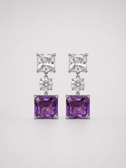 Square Natural Amethyst Tiered S925 Sterling Silver Drop Earrings