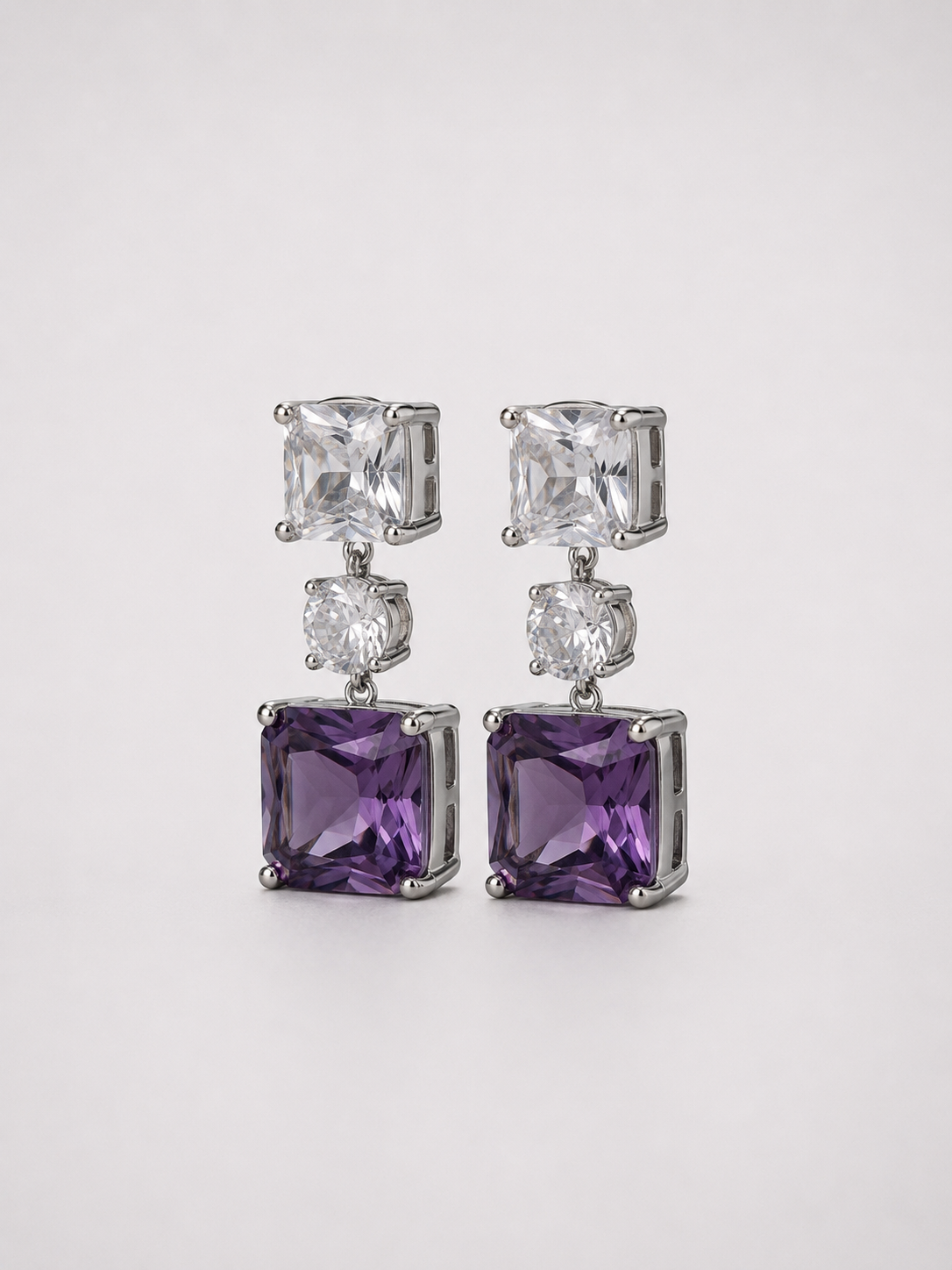 Square Natural Amethyst Tiered S925 Sterling Silver Drop Earrings