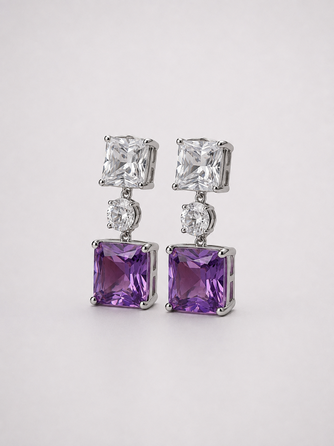 Square Natural Amethyst Tiered S925 Sterling Silver Drop Earrings