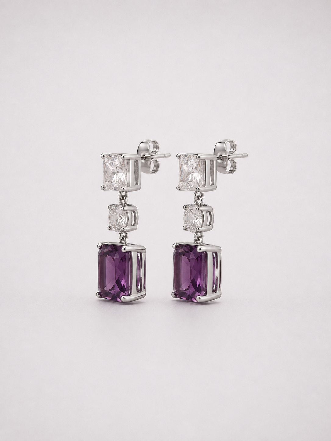 Square Natural Amethyst Tiered S925 Sterling Silver Drop Earrings