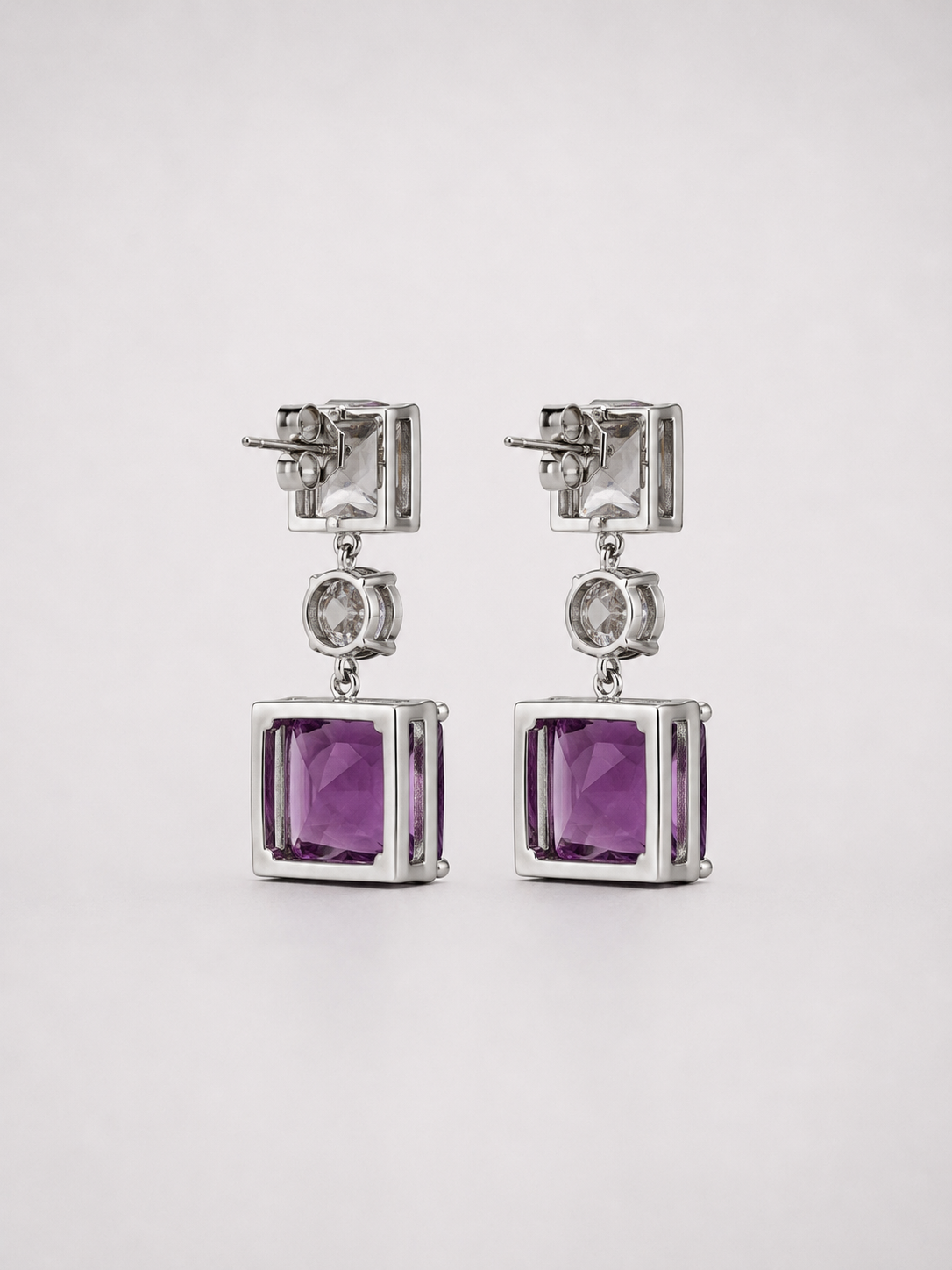 Square Natural Amethyst Tiered S925 Sterling Silver Drop Earrings