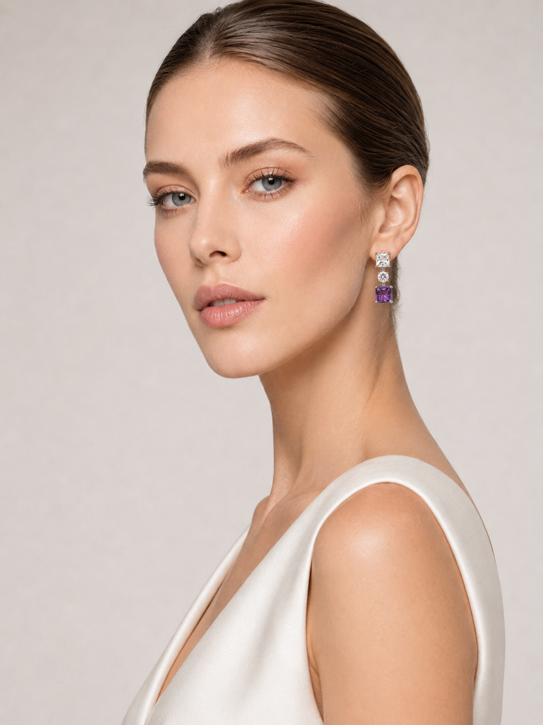 Square Natural Amethyst Tiered S925 Sterling Silver Drop Earrings