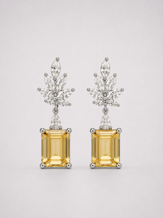 S925 Sterling Silver Citrine Wheat‑Sheaf Drop Earrings