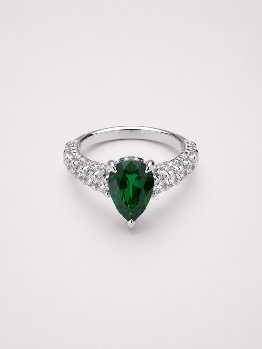 Pear‑Shape Diopside S925 Sterling Silver Pave Halo Ring