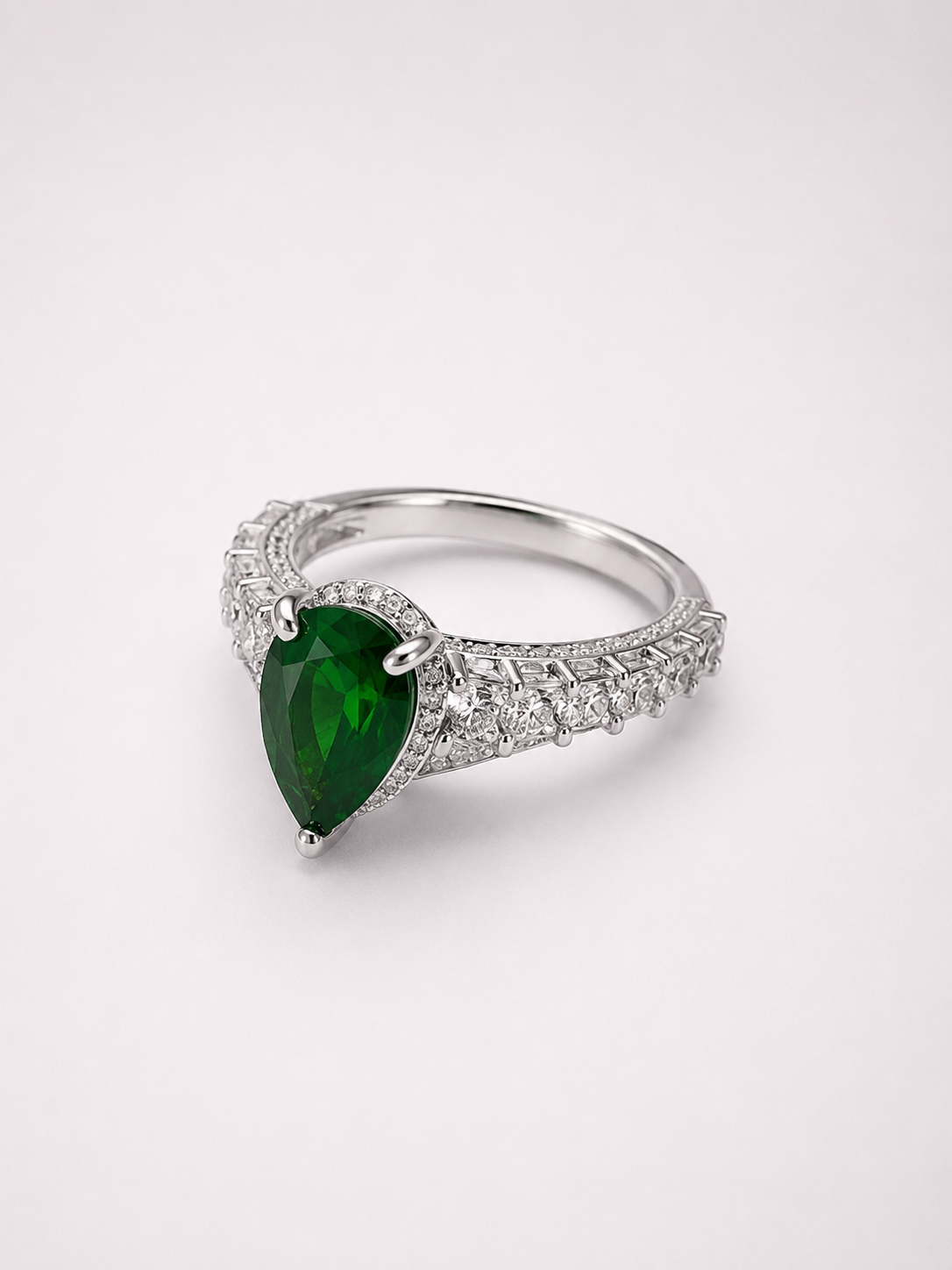 Pear‑Shape Diopside S925 Sterling Silver Pave Halo Ring