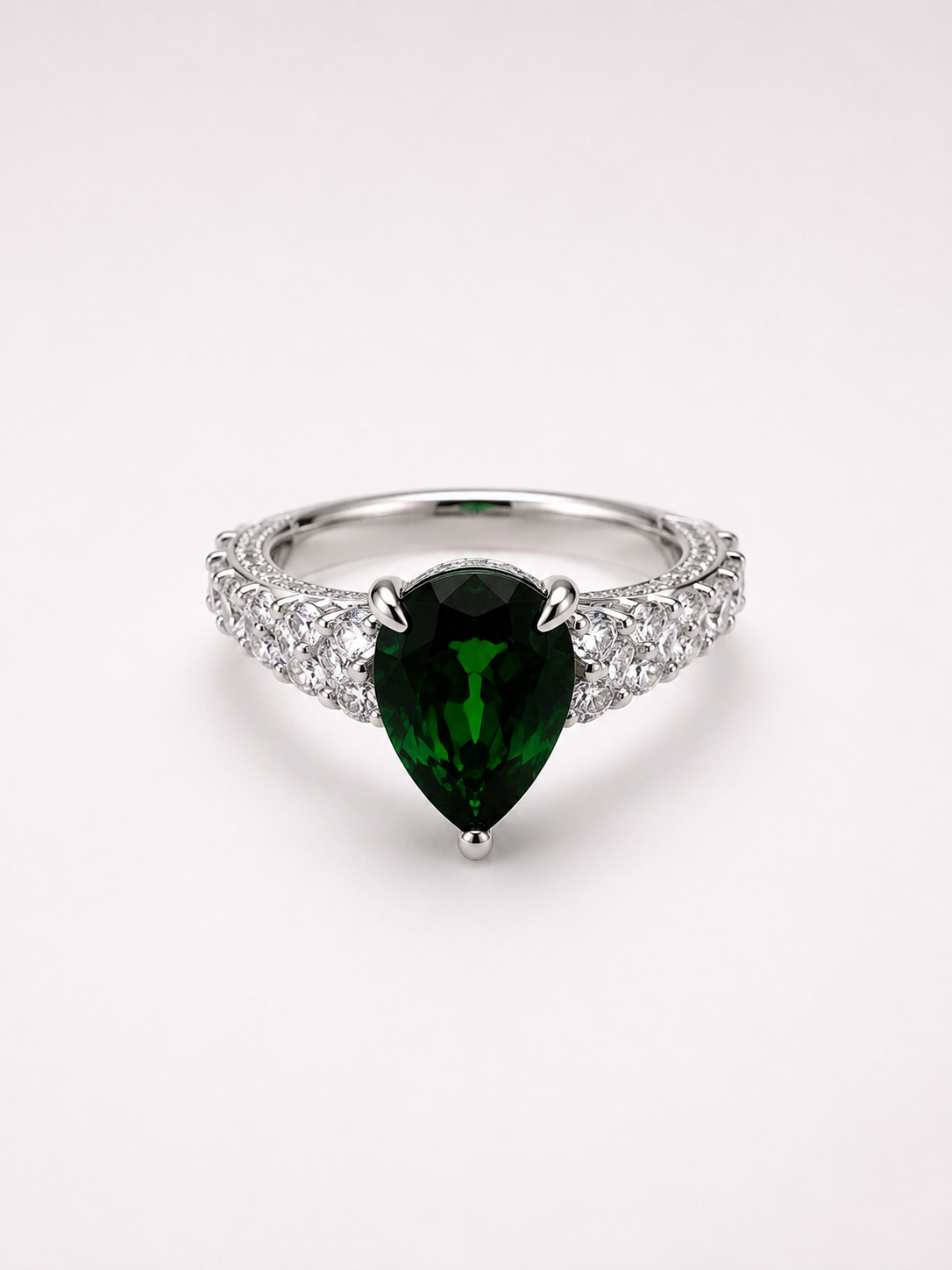 Pear‑Shape Diopside S925 Sterling Silver Pave Halo Ring