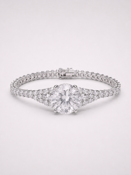 Round Millennium‑Cut White Crystal S925 Sterling Silver Pave Bracelet