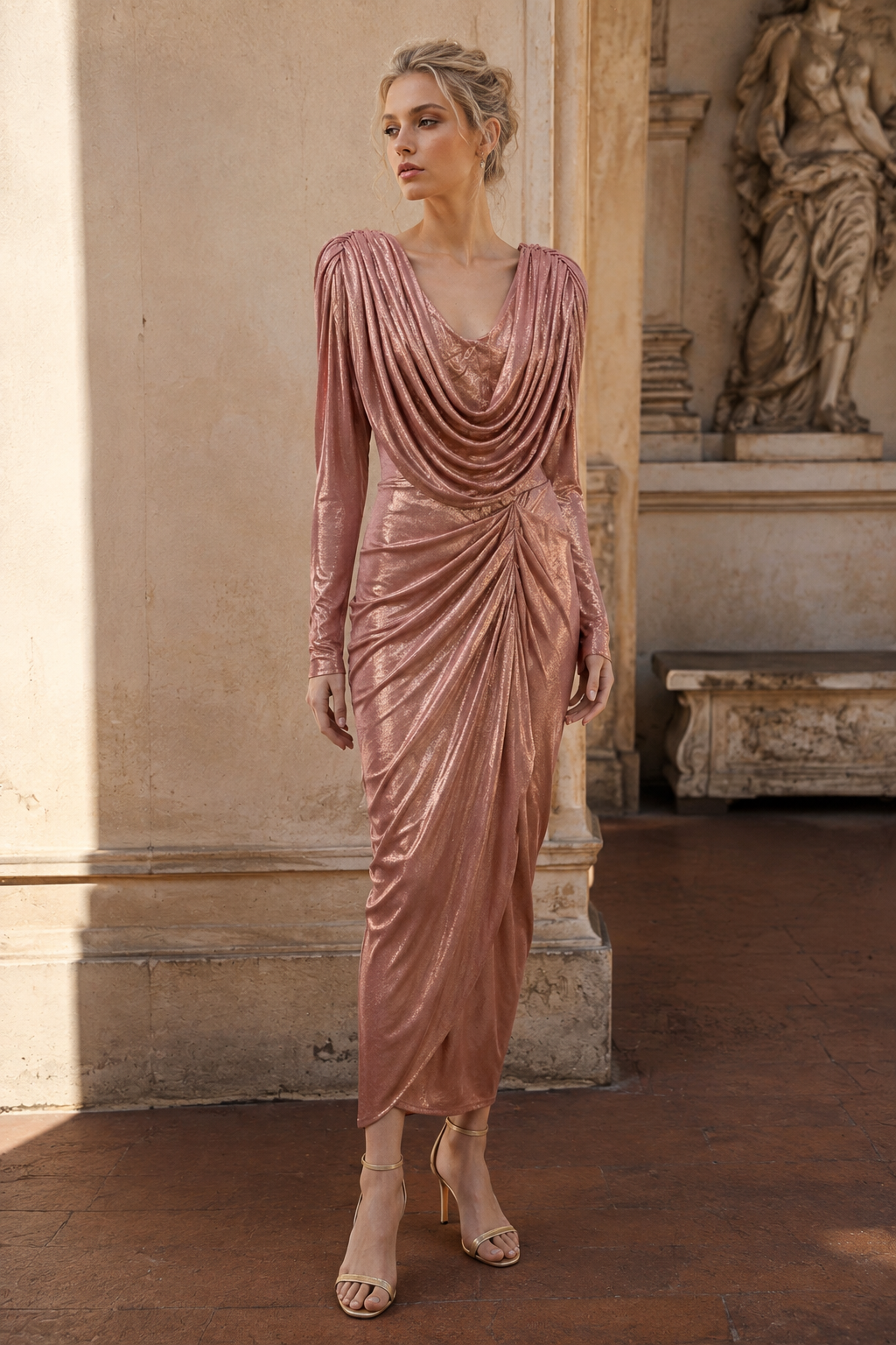 Draped Cowl Neck Metallic Rose Gold Midi Dress