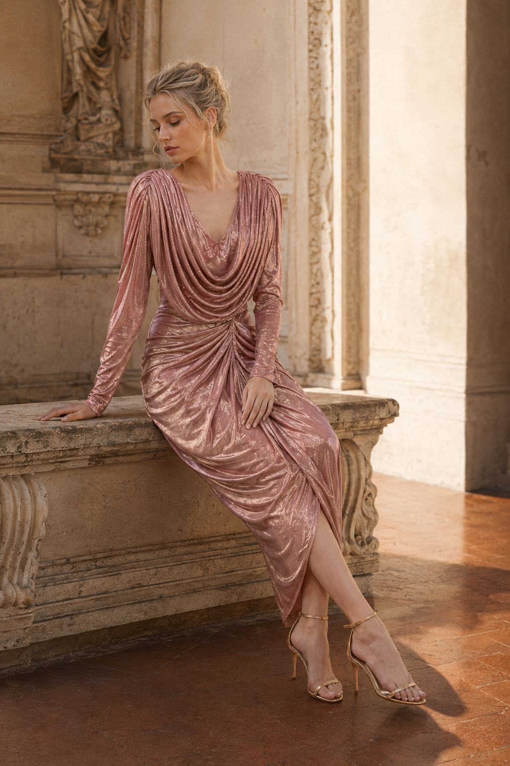 Draped Cowl Neck Metallic Rose Gold Midi Dress