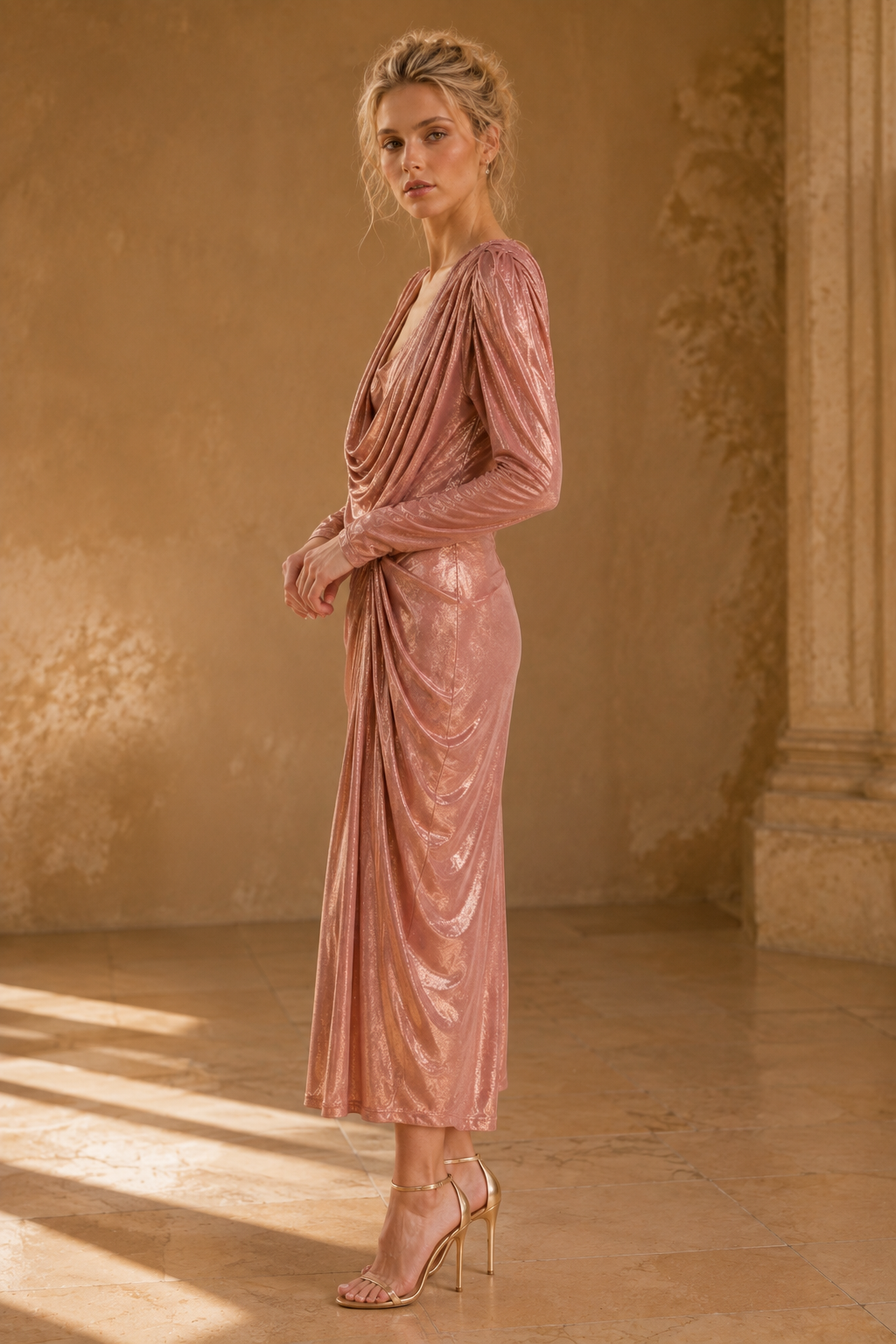 Draped Cowl Neck Metallic Rose Gold Midi Dress