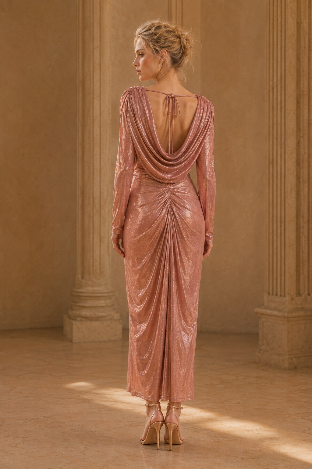 Draped Cowl Neck Metallic Rose Gold Midi Dress
