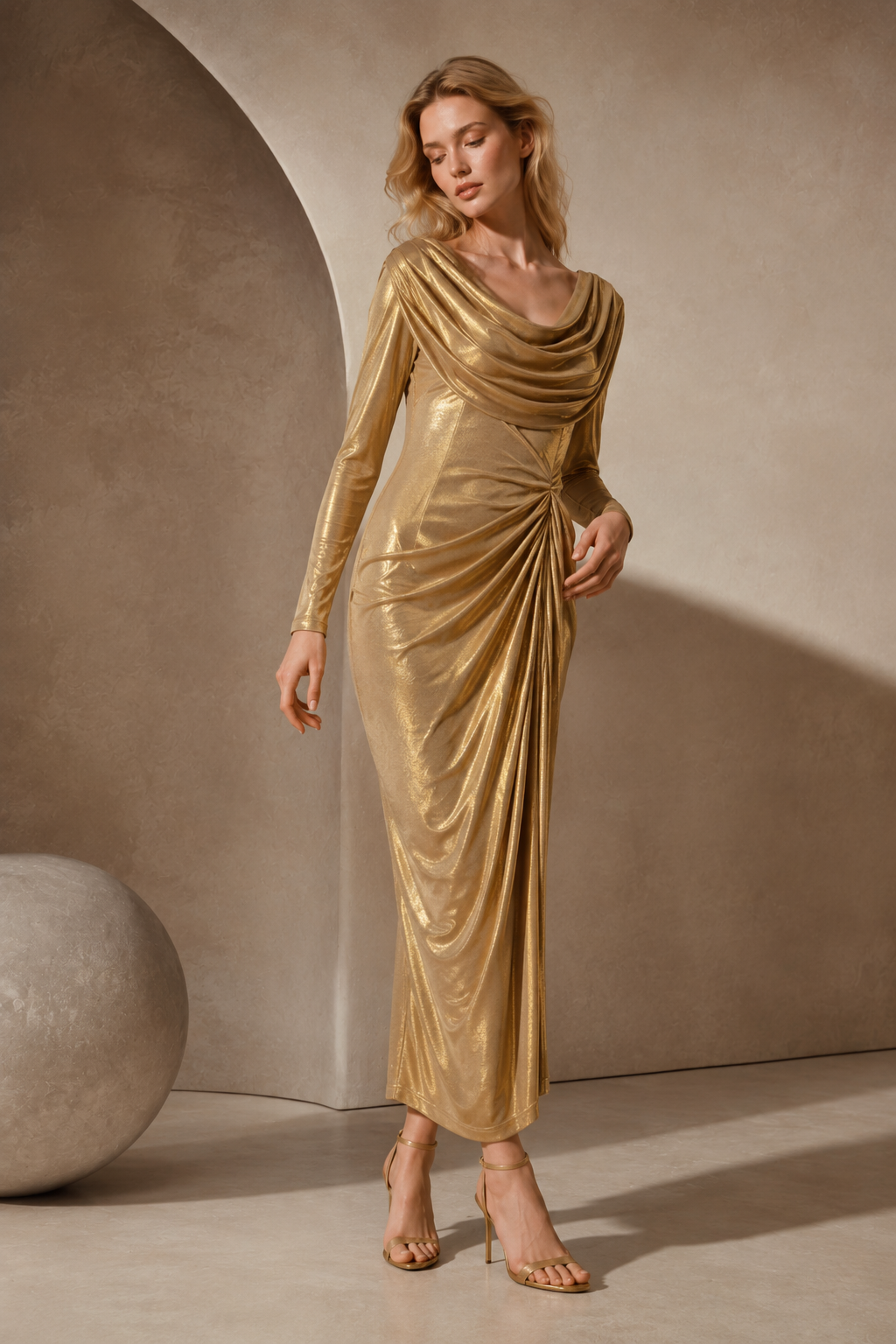 Cowl Neck Shimmer Gold Long Sleeve Midi Dress