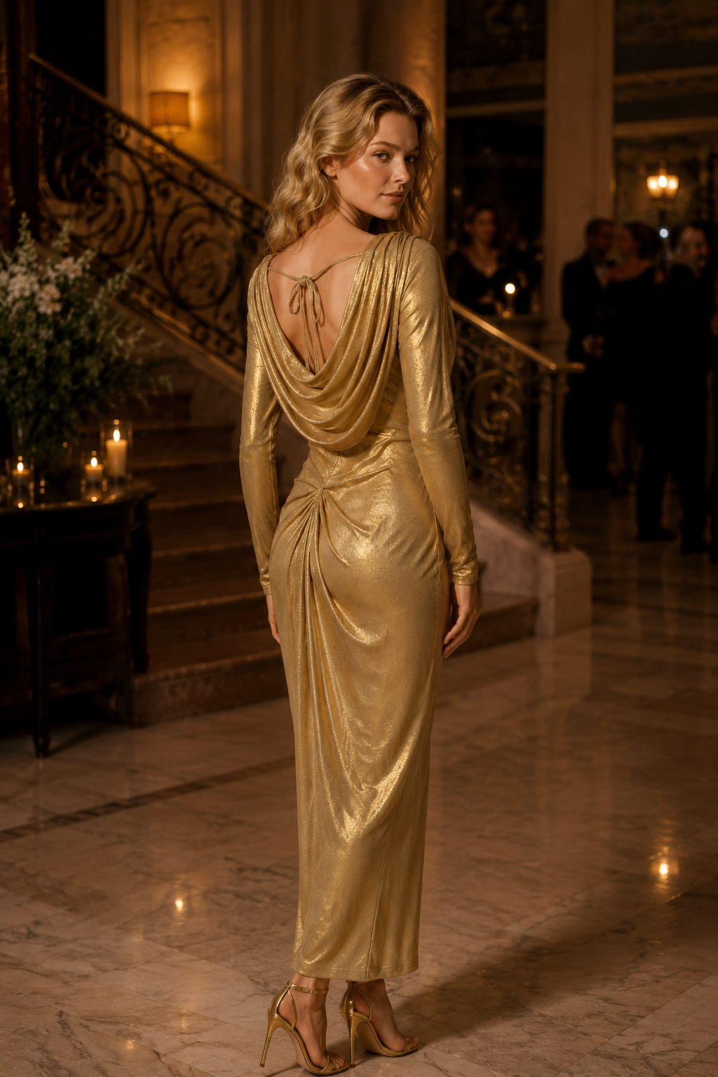 Cowl Neck Shimmer Gold Long Sleeve Midi Dress