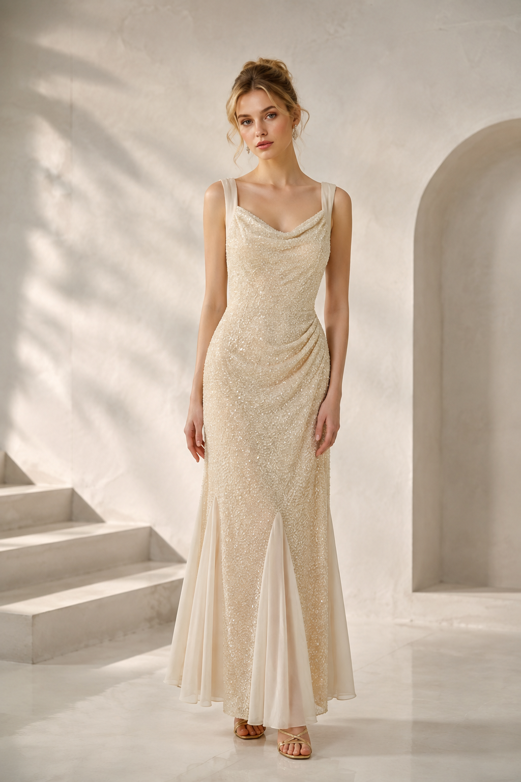 Cowl Neck Beaded Sequin Mermaid Evening Gown