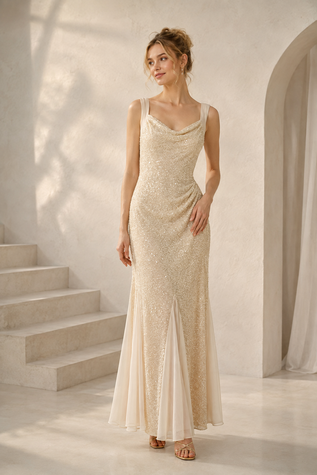 Cowl Neck Beaded Sequin Mermaid Evening Gown