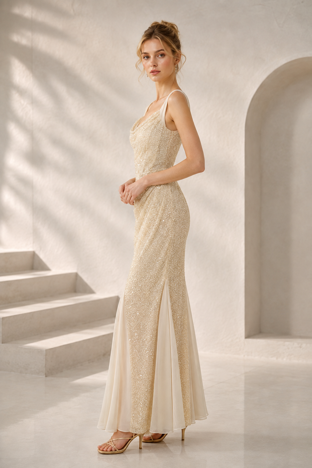 Cowl Neck Beaded Sequin Mermaid Evening Gown