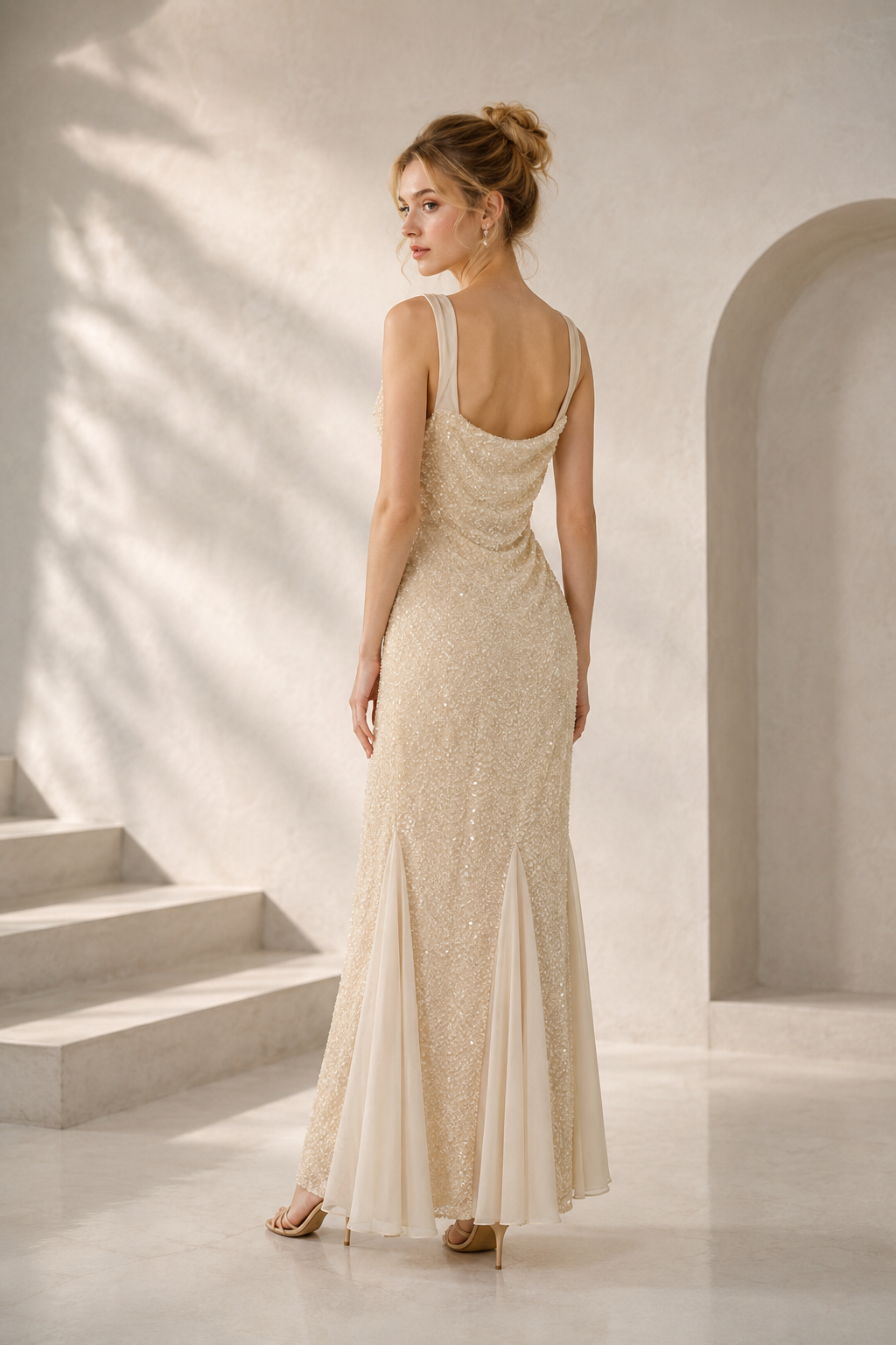 Cowl Neck Beaded Sequin Mermaid Evening Gown