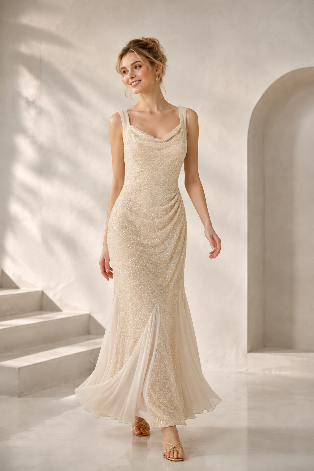 Cowl Neck Beaded Sequin Mermaid Evening Gown