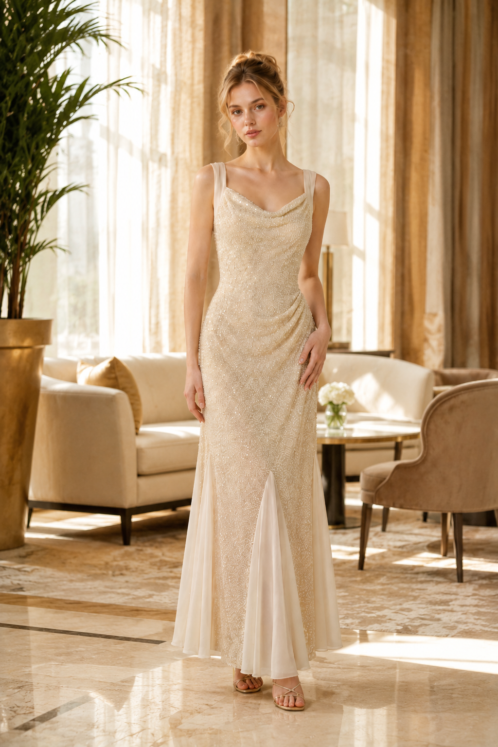 Cowl Neck Beaded Sequin Mermaid Evening Gown