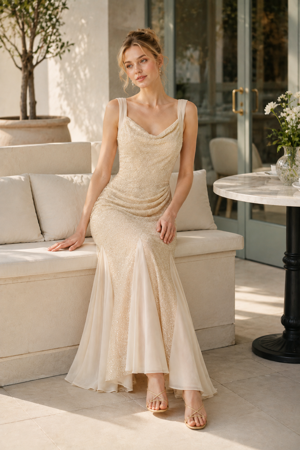 Cowl Neck Beaded Sequin Mermaid Evening Gown