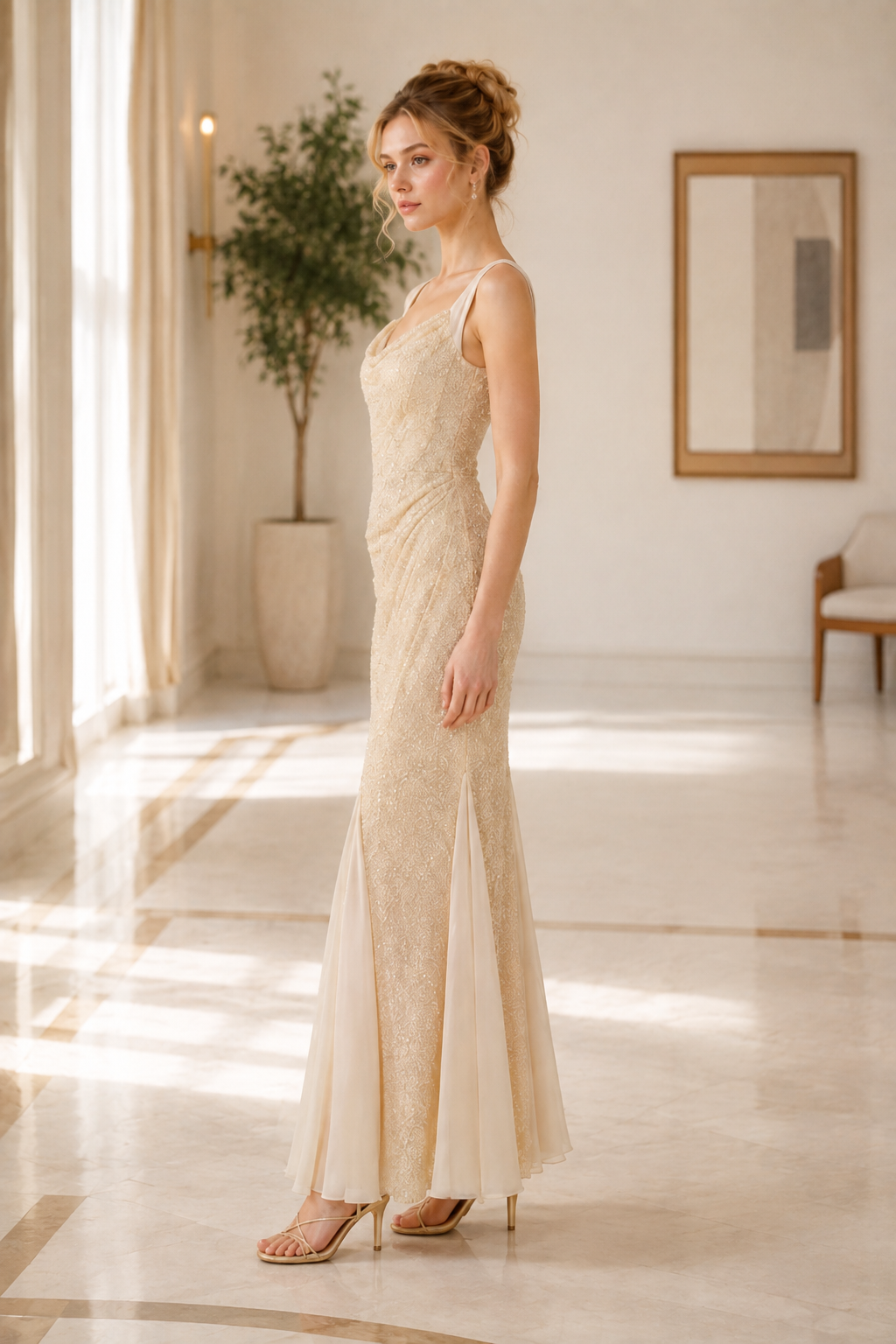 Cowl Neck Beaded Sequin Mermaid Evening Gown
