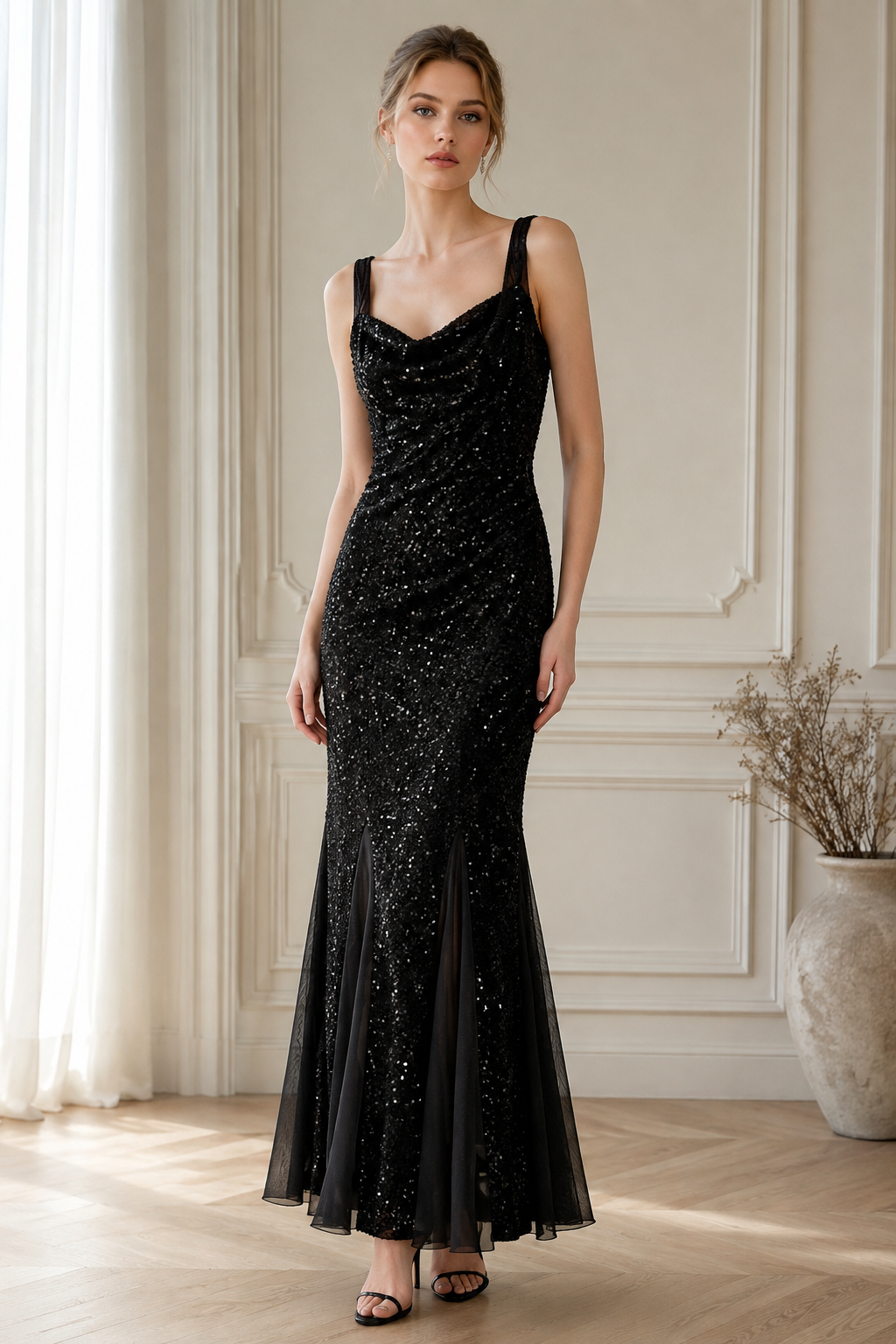 Black Sequin Cowl Neck Mermaid Maxi Dress