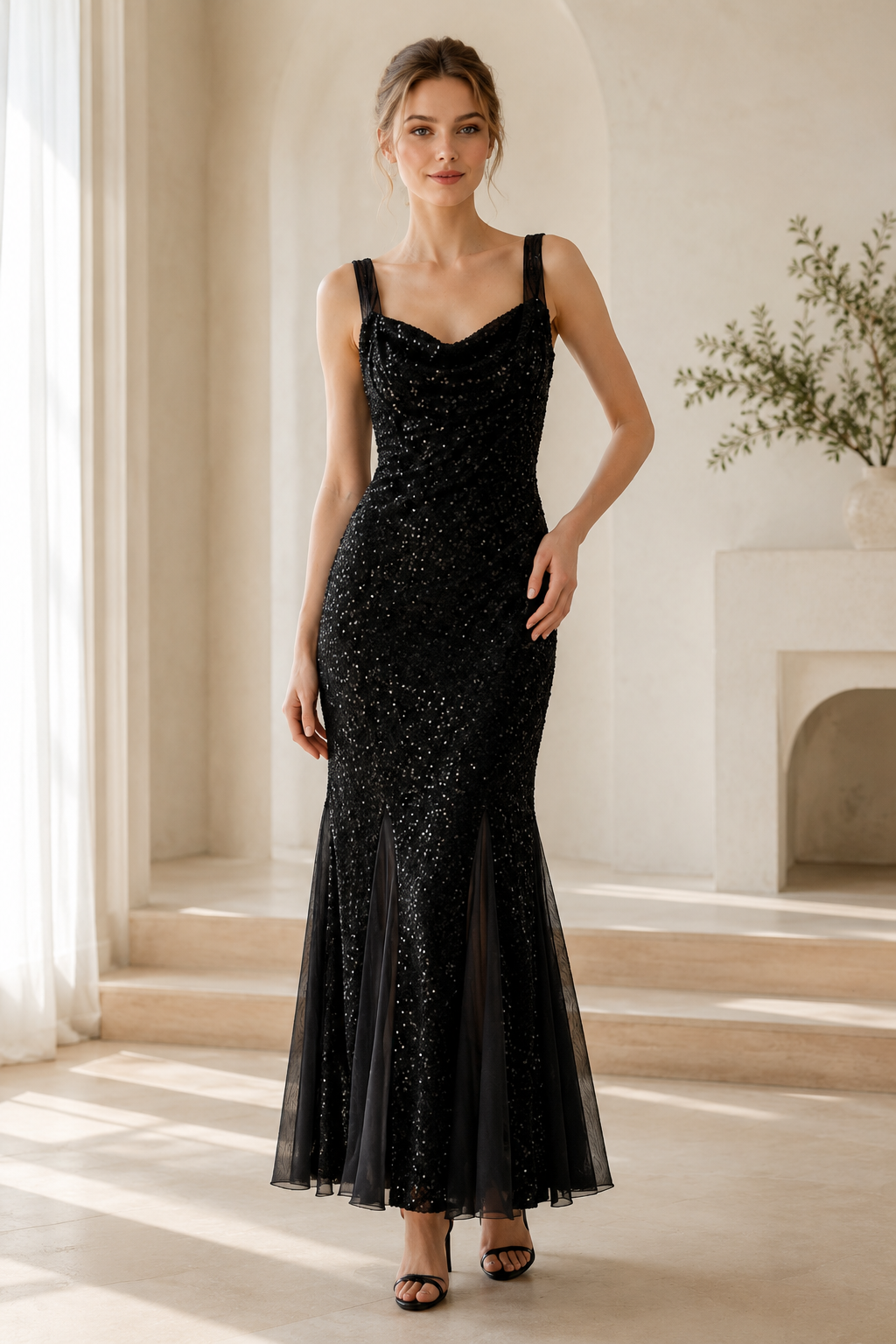 Black Sequin Cowl Neck Mermaid Maxi Dress