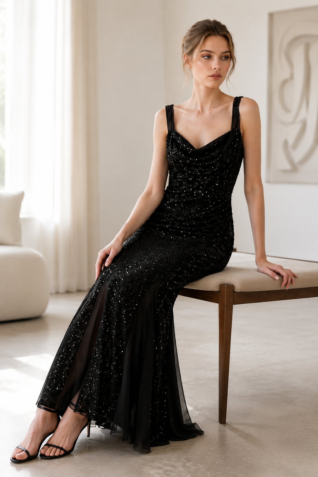 Black Sequin Cowl Neck Mermaid Maxi Dress