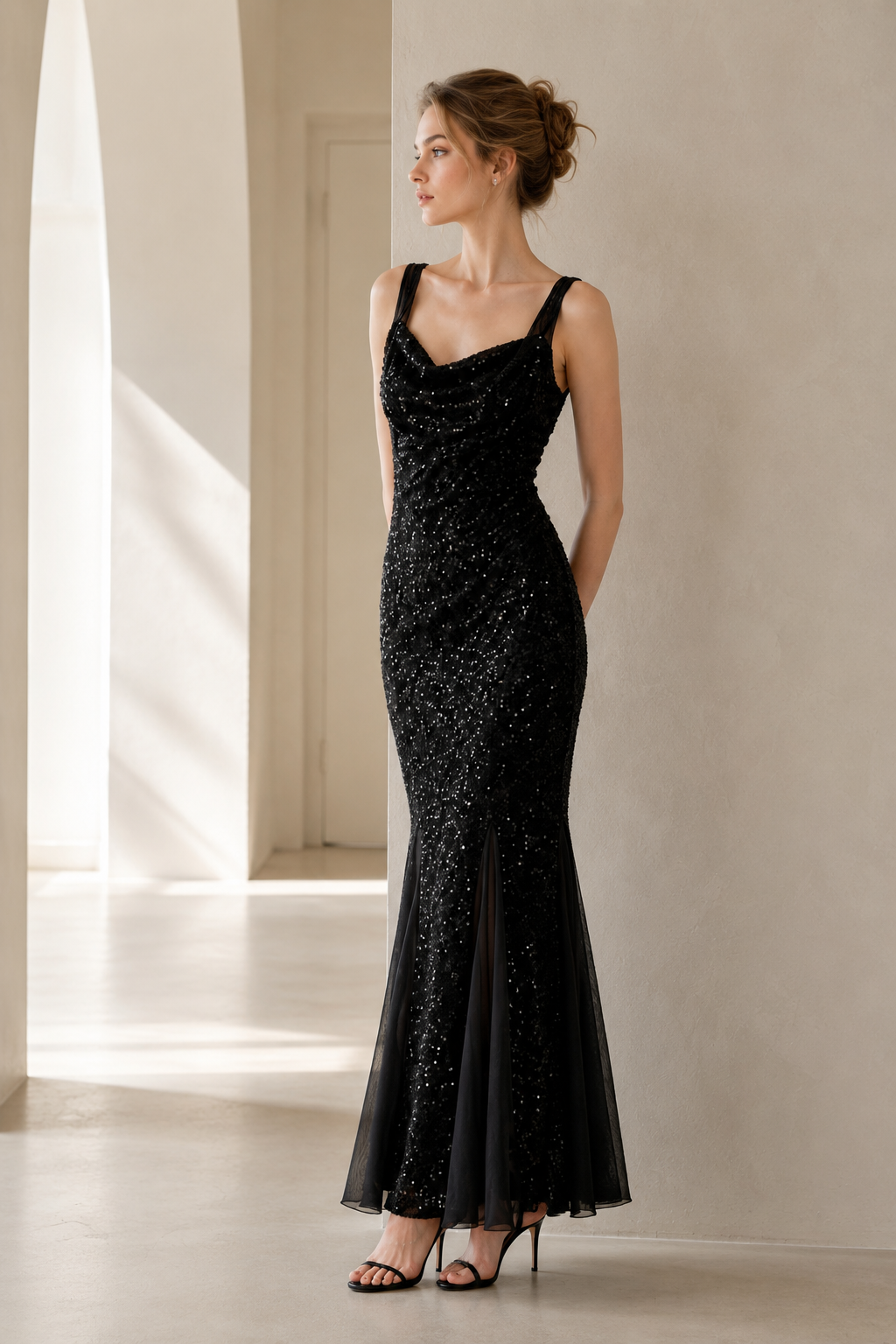 Black Sequin Cowl Neck Mermaid Maxi Dress