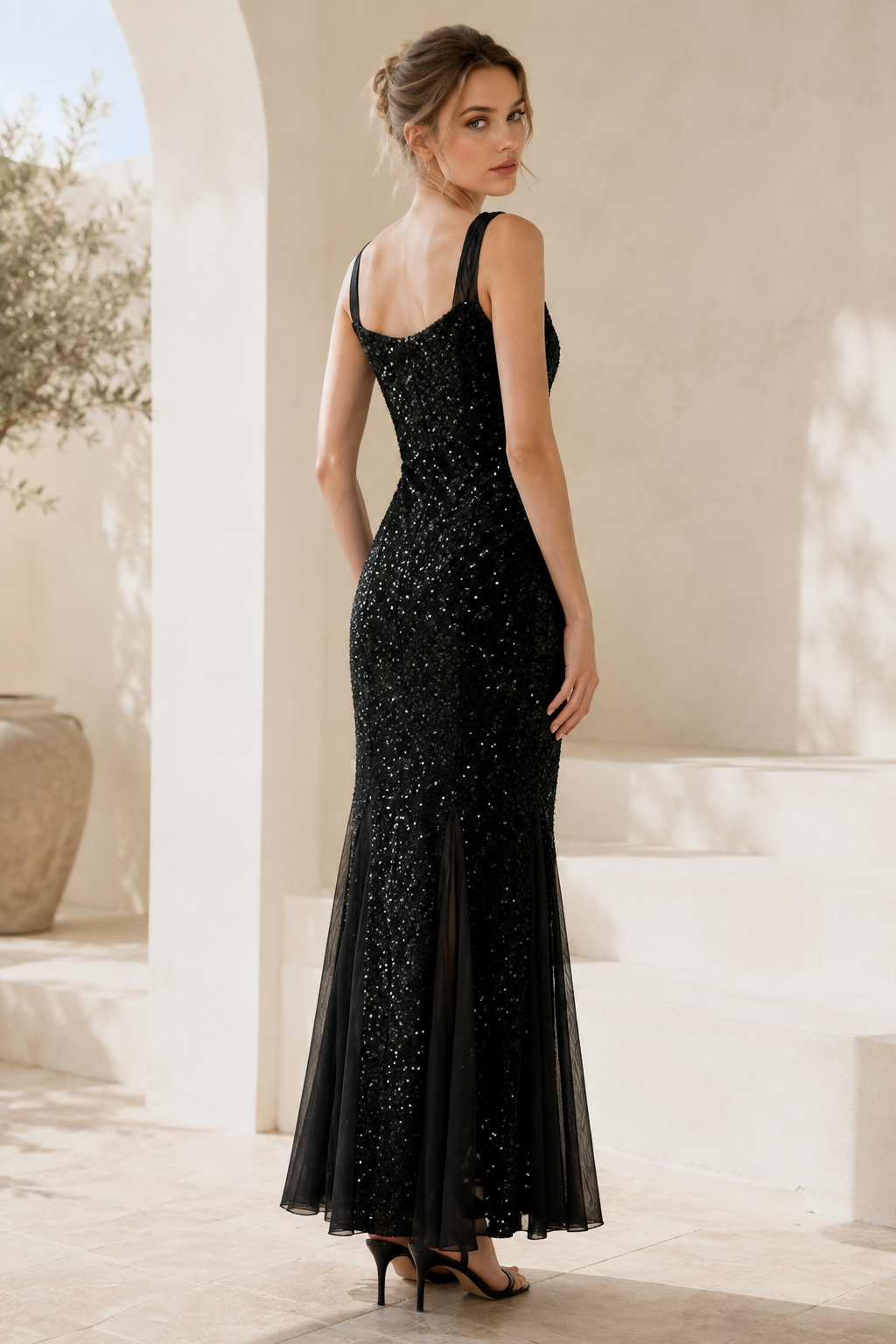 Black Sequin Cowl Neck Mermaid Maxi Dress