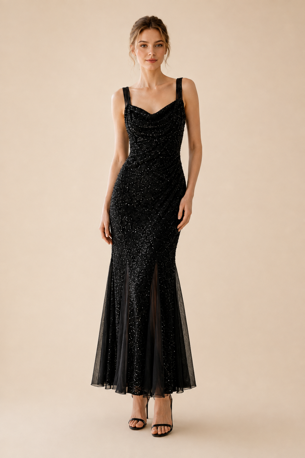 Black Sequin Cowl Neck Mermaid Maxi Dress